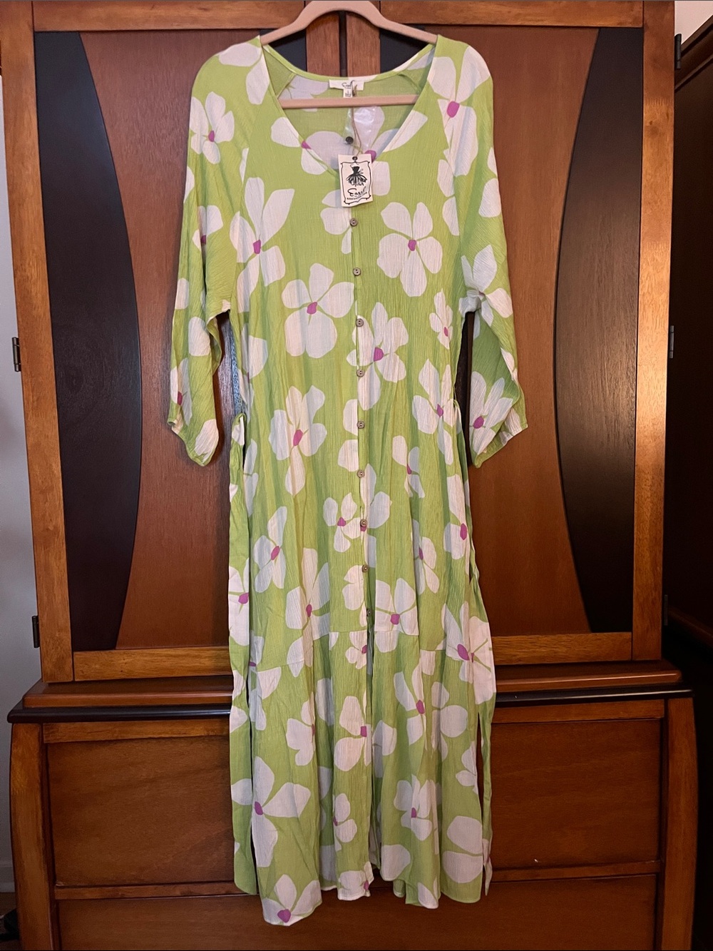 Easel NWT Lime Green Floral Button-Front Maxi Dress w/Long Sleeves—Tiered Skirt